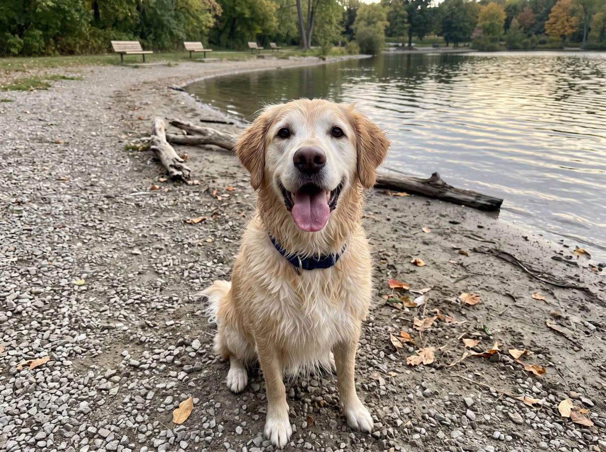 Sela, the Pawdusk dog, smiling by a lake in autumn