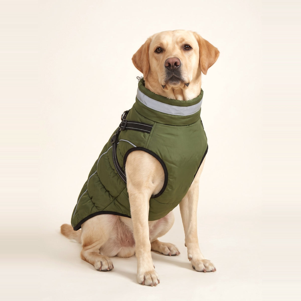Labrador wearing the green Reflective Fleece-Lined Winter Dog Coat with reflective collar band
