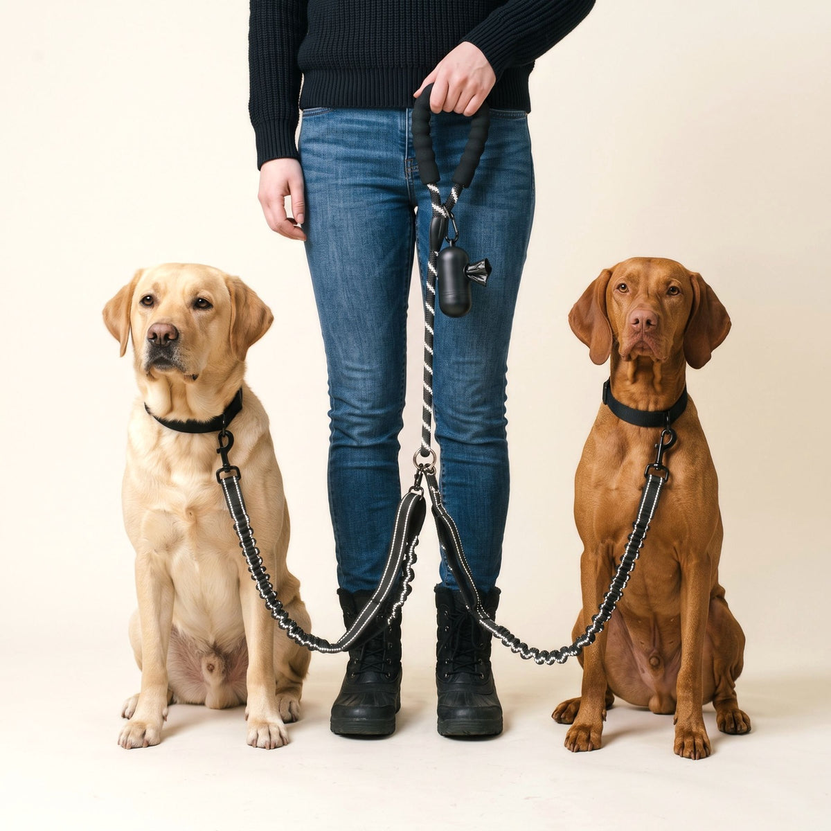 Labrador and Vizsla on the black double dog leash with poop bag holder, splitting into two bungee leads