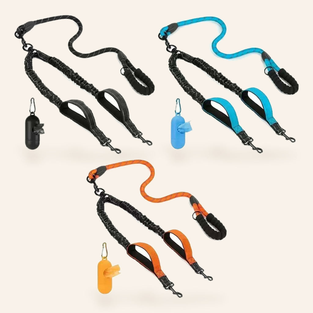 Double Dog Leash with Poop Bag Holder – overview