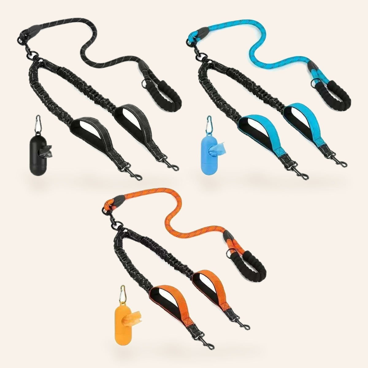 Double Dog Leash with Poop Bag Holder – overview