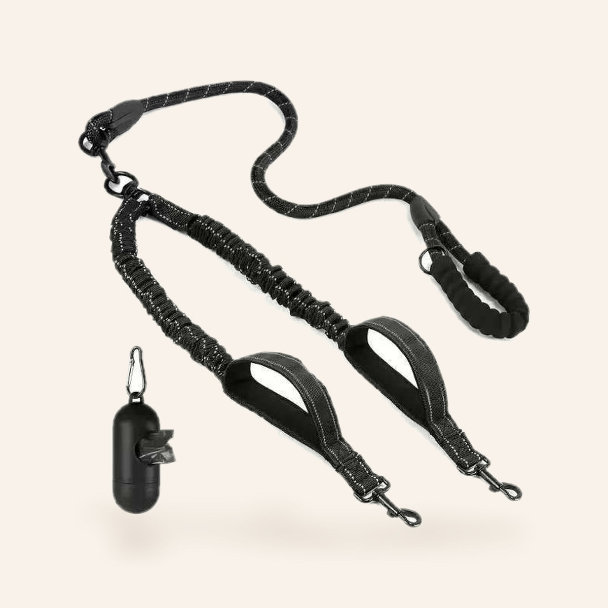Double Dog Leash with Poop Bag Holder – Black