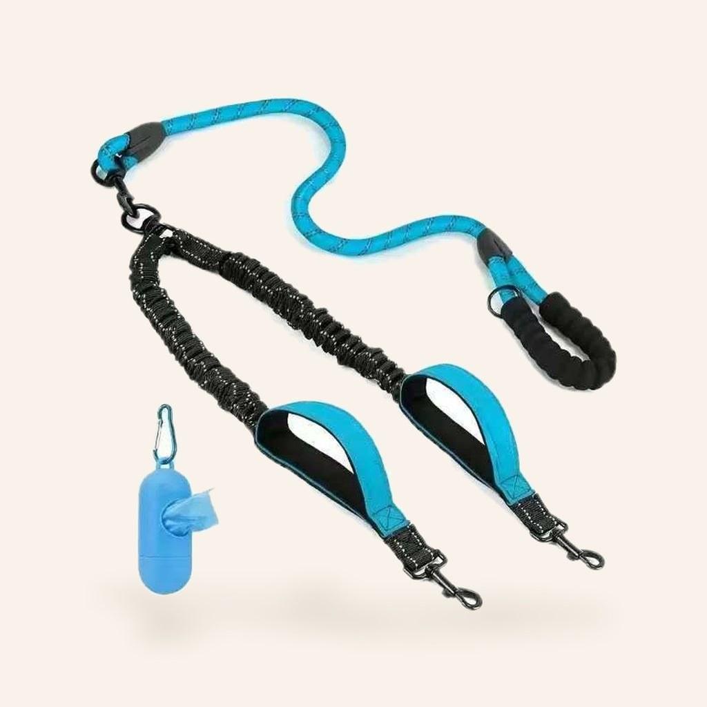 Double Dog Leash with Poop Bag Holder – Light Blue