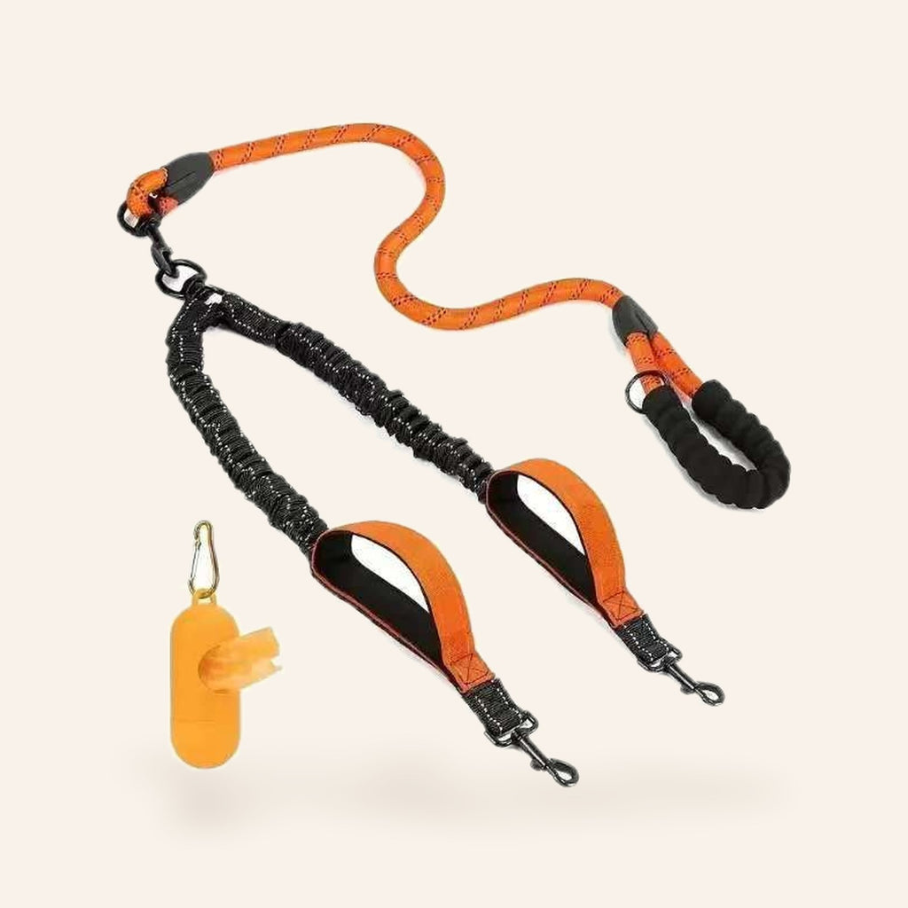 Double Dog Leash with Poop Bag Holder – Orange