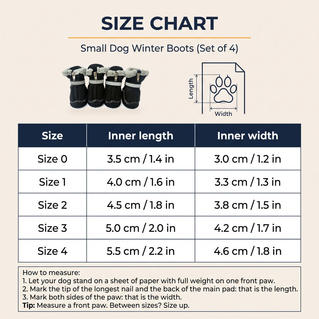 Small Dog Winter Boots size chart in cm and inches