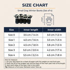 Small Dog Winter Boots size chart in cm and inches