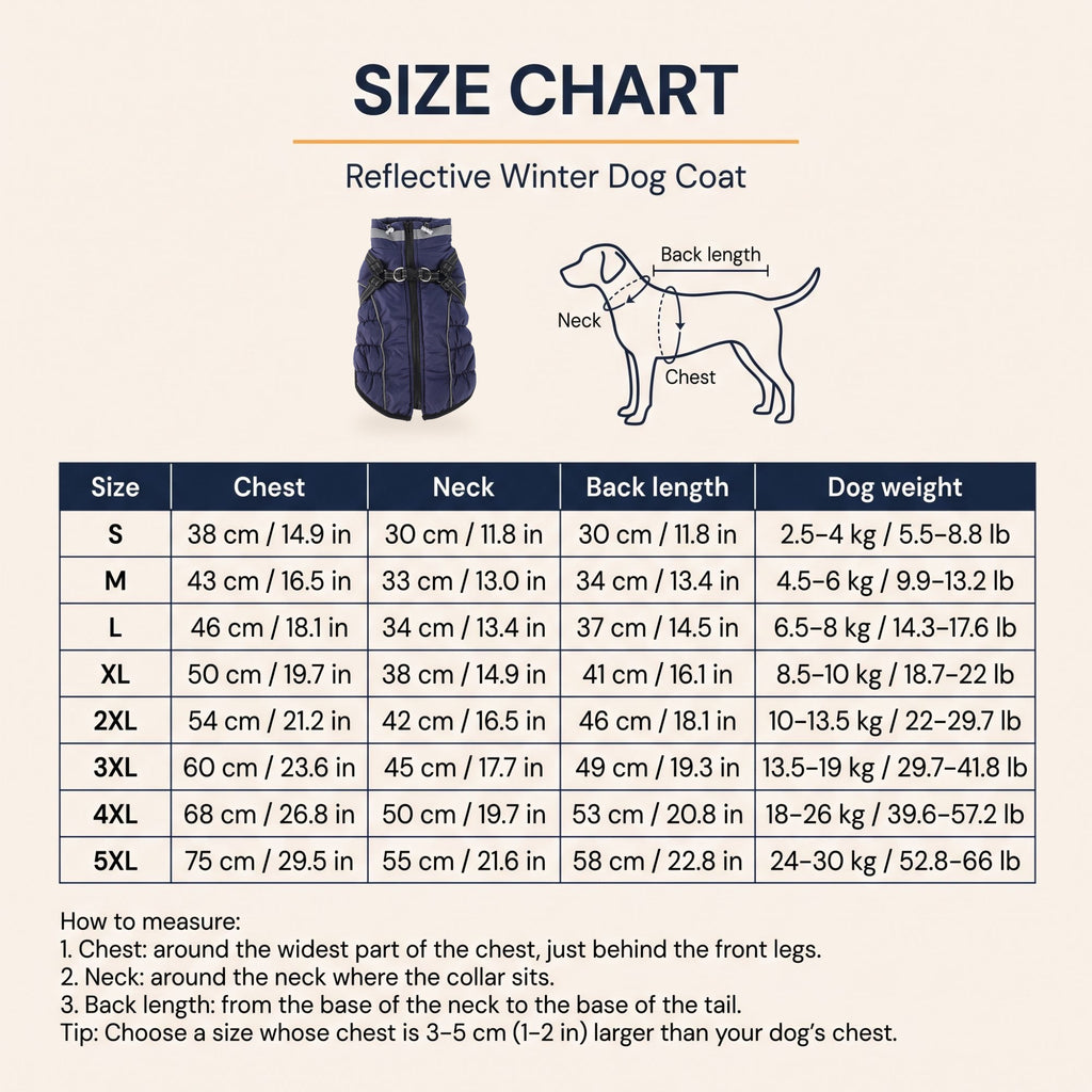 Reflective Winter Dog Coat size chart in cm and inches