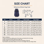 Reflective Winter Dog Coat size chart in cm and inches