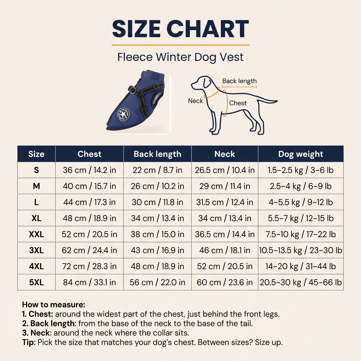 Fleece Winter Dog Vest size chart in cm and inches