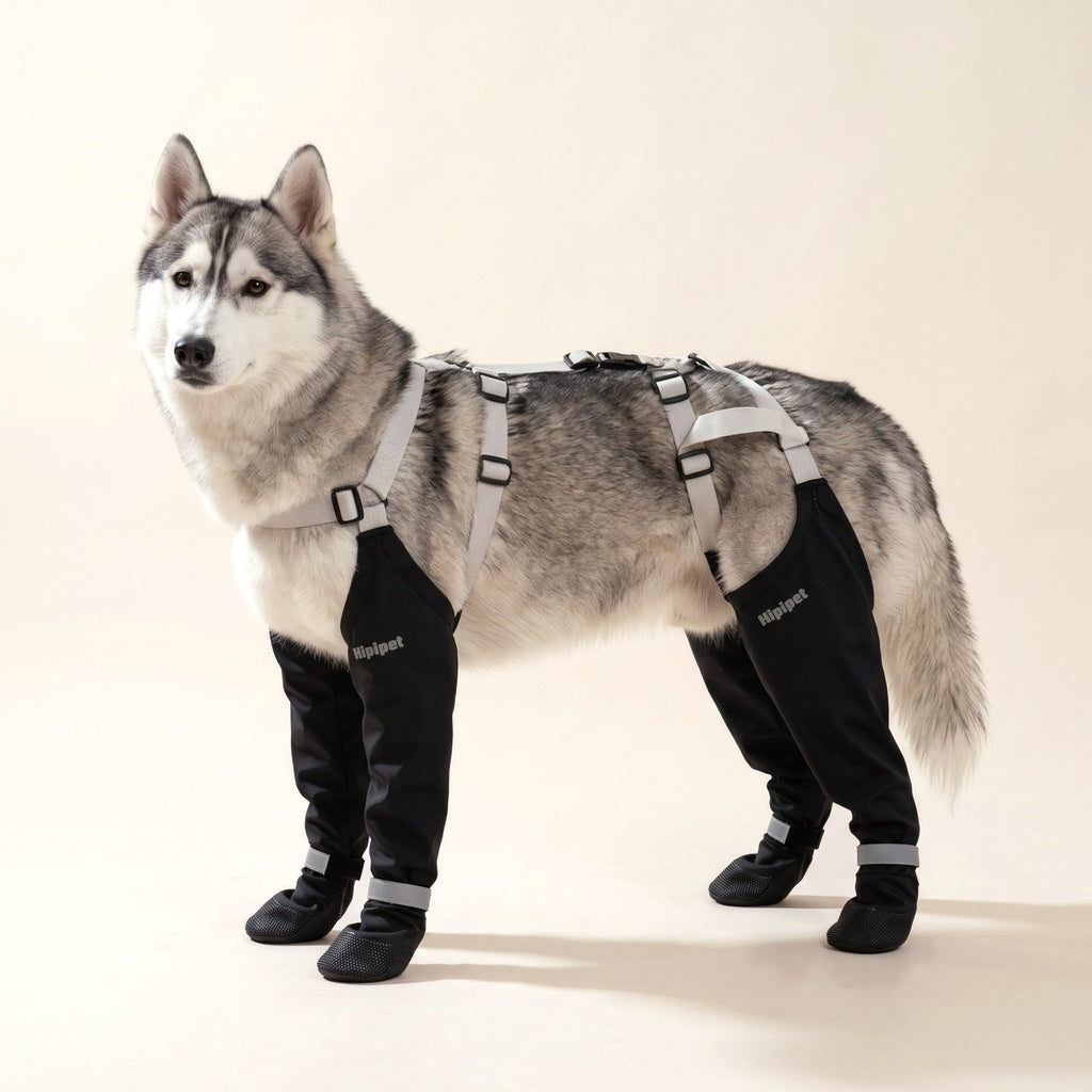 Siberian Husky wearing the black Stay-On Snow Leggings with straps over the back